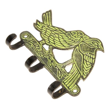 Brass Sparrow Key Three Hooks on Branch with Green Leaves